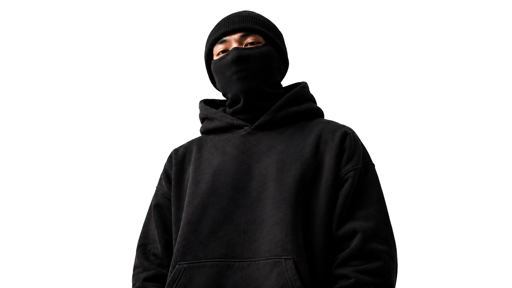 Model wearing a black Cikareotype hoodie and mask