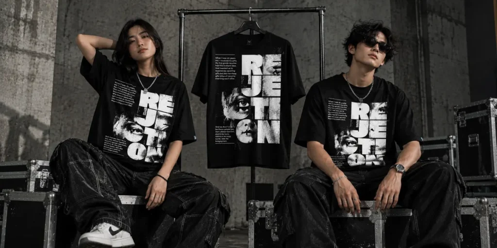 Male fashion model wearing a black T-shirt with a high-contrast white graphic and monochrome typography