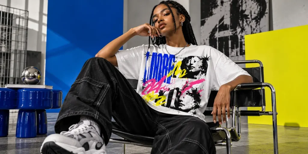 Fashion model wearing a white oversized T-shirt with experimental typography in cobalt blue, acid yellow, hot pink, and black