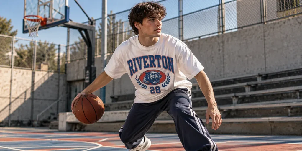 Male model wearing a white T-shirt with royal blue varsity lettering and red athletic graphics