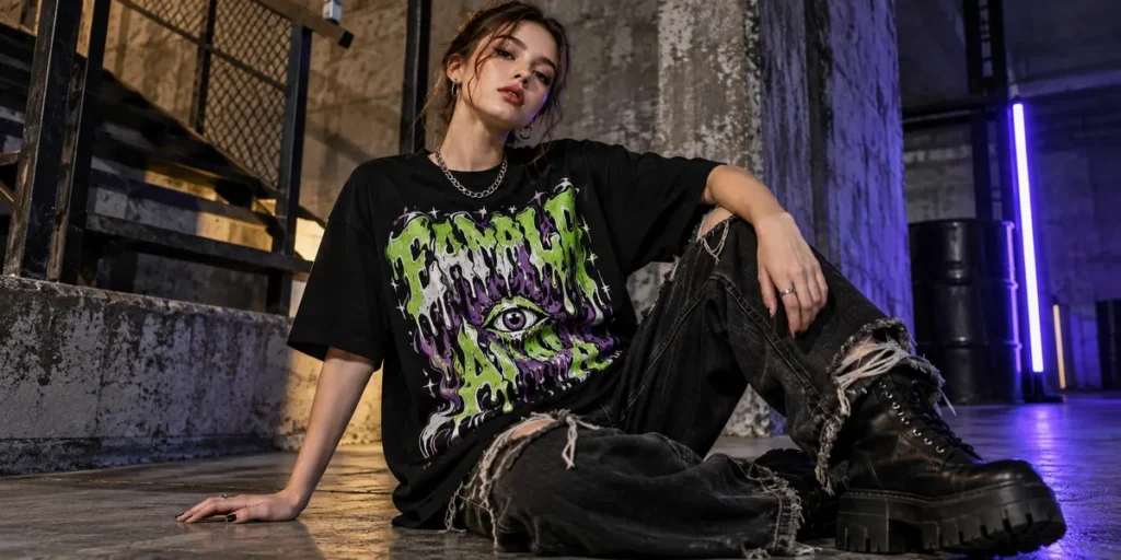 Male streetwear model wearing a black oversized T-shirt with toxic lime green and purple dripping typography