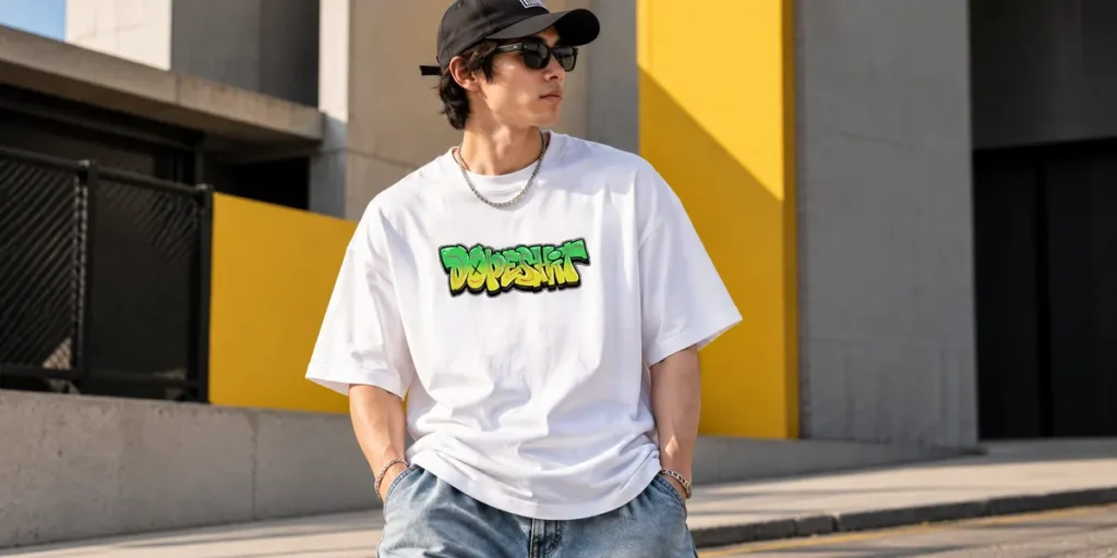 Male streetwear model wearing a gray T-shirt with colorful pink, turquoise, and yellow bubble lettering