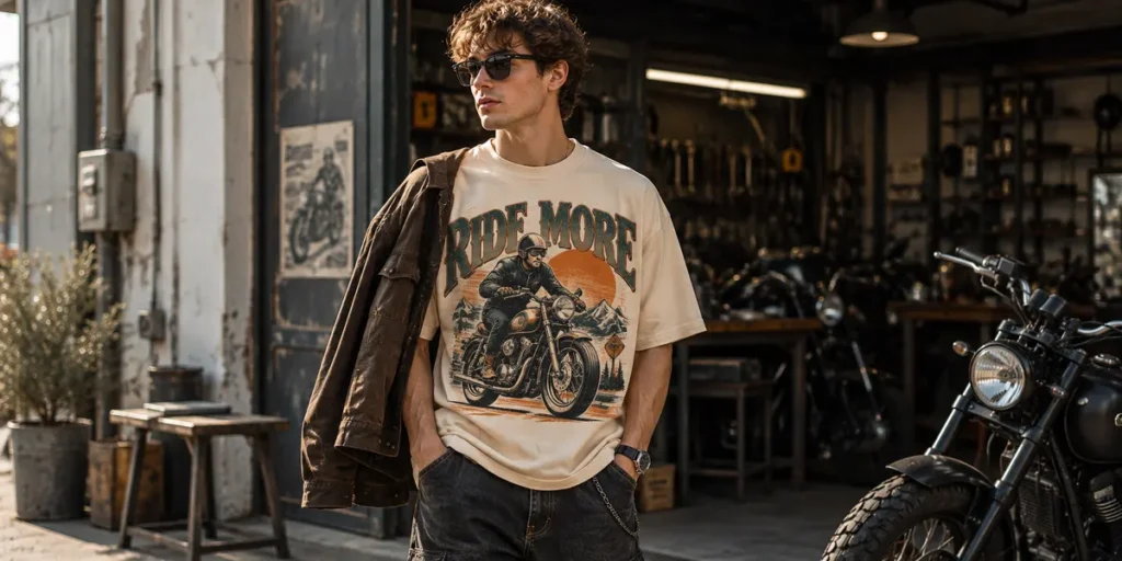 Male fashion model wearing a cream T-shirt featuring a vintage motorcycle illustration and teal typography