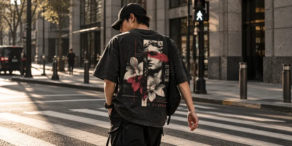 Male streetwear model showcasing an oversized charcoal T-shirt with a large burgundy, cream, and orange back print