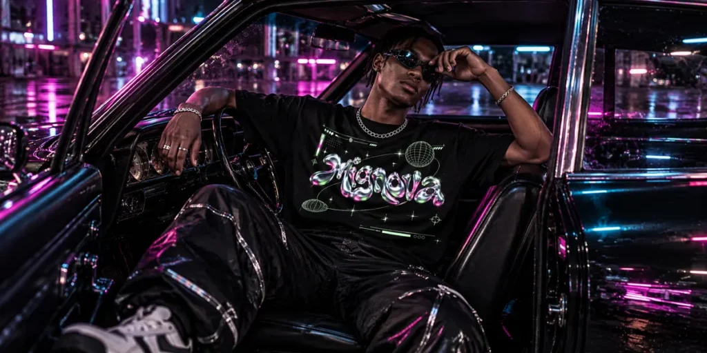 Fashion model wearing a black Y2K T-shirt with chrome typography and holographic blue and magenta graphics
