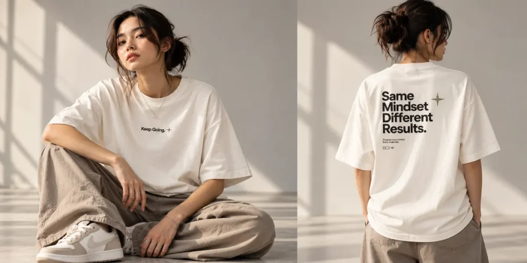 Female fashion model wearing an ivory oversized T-shirt with minimalist black chest typography