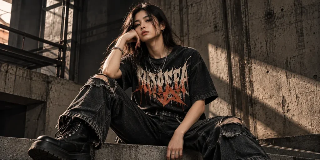 model wearing a washed black T-shirt with distressed cream and rusty orange typography