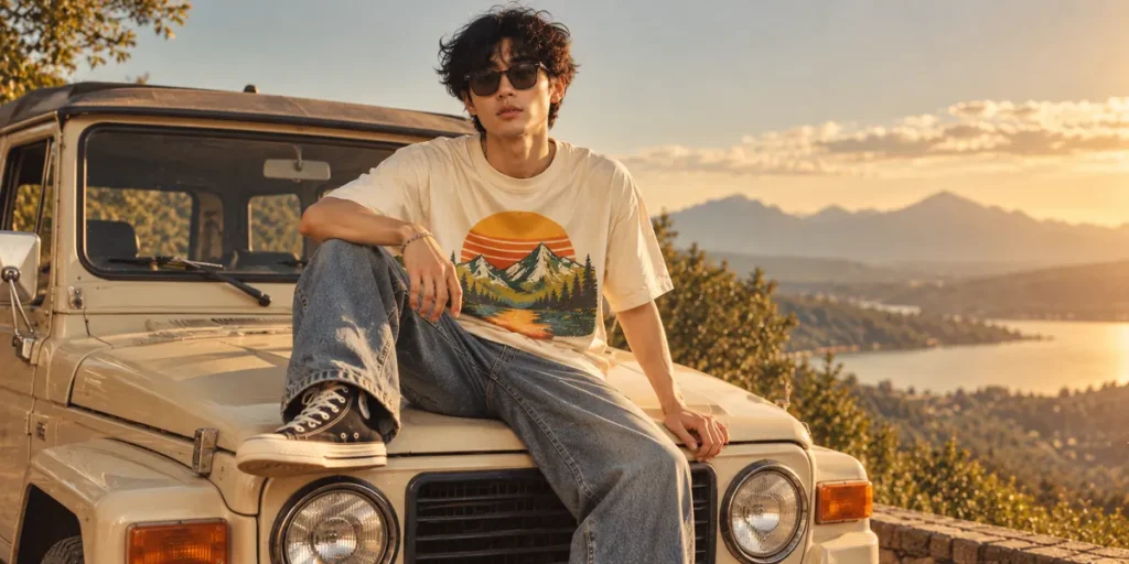 Male fashion model wearing a cream T-shirt with a vintage sunset graphic in mustard yellow, orange, and forest green