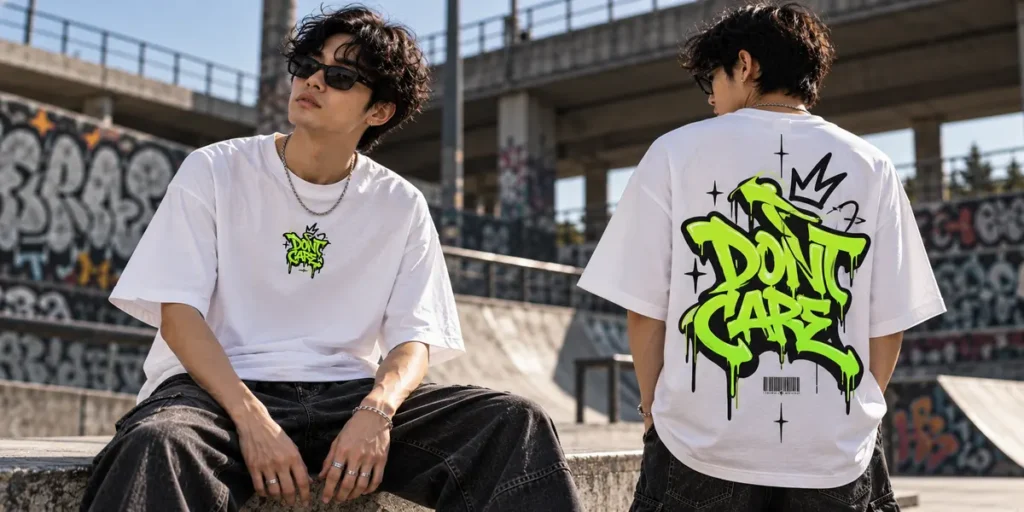 Urban streetwear model wearing a white T-shirt with colorful graffiti lettering in purple, lime green, and orange