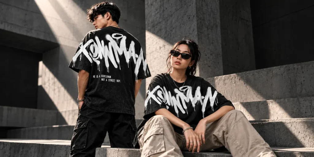 streetwear model wearing an oversized black T-shirt with bold red and white typography