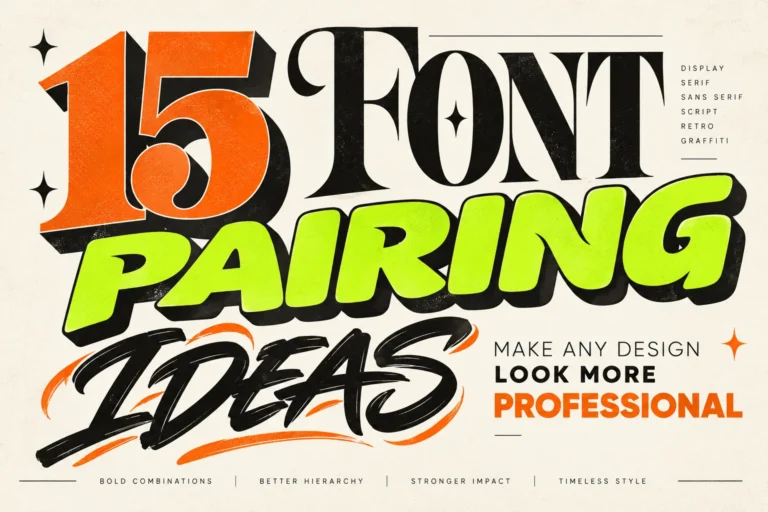 Bold typography poster featuring 15 font pairing ideas with oversized retro serif, neon lime green display, expressive black graffiti script, and orange accents on a textured cream background.