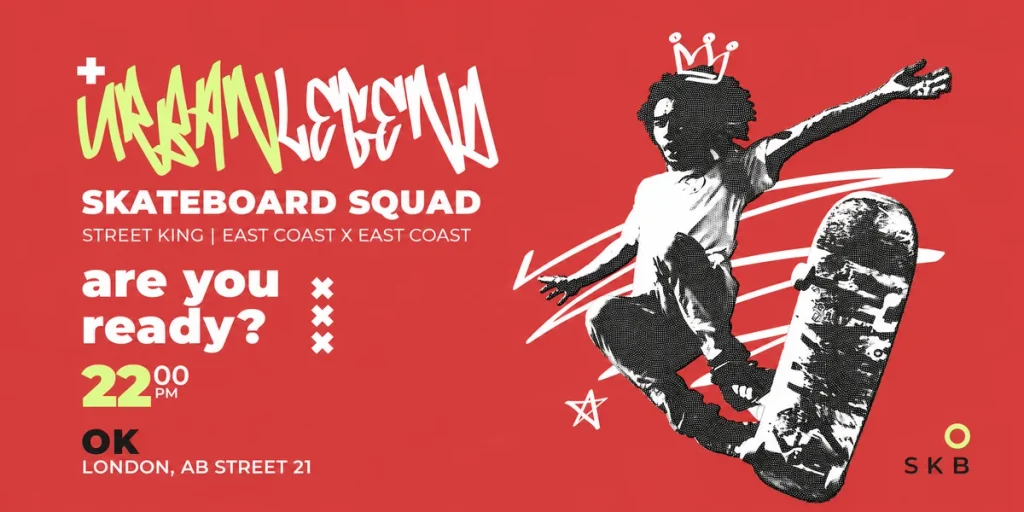 Bold graffiti lettering paired with clean sans serif typography in a red, white, and neon lime green skateboard poster, featuring a halftone black-and-white skateboarder, dynamic white motion strokes, and an edgy streetwear aesthetic.