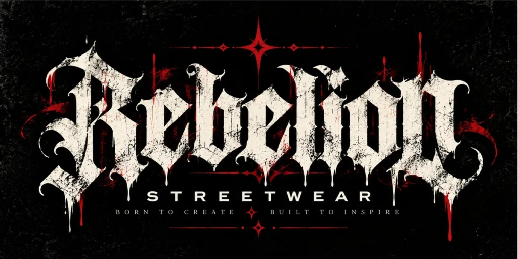 Dramatic blackletter display typography paired with distressed lettering in a dark alternative streetwear design.