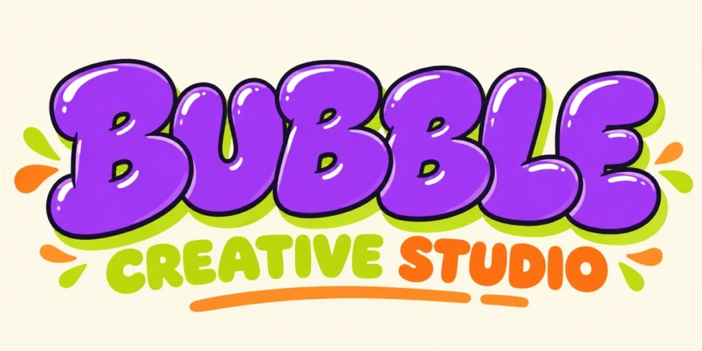 Playful purple bubble display lettering paired with rounded sans serif typography and colorful accents.