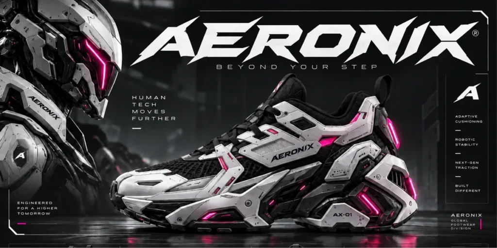 Futuristic italic display typography paired with technical sans serif lettering in a dark athletic footwear advertisement.