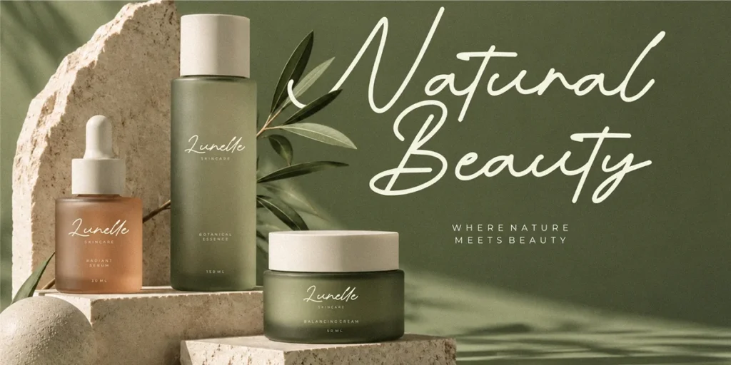 Elegant handwritten script paired with minimalist sans serif typography for natural skincare packaging in muted green tones.