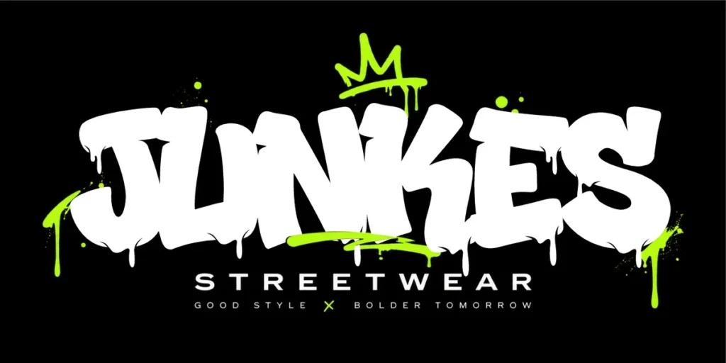 Bold graffiti display font paired with small sans serif lettering in a black and neon green streetwear design.