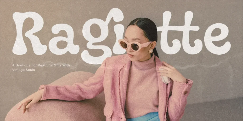 Playful rounded display font paired with clean sans serif typography in a soft pink fashion campaign.