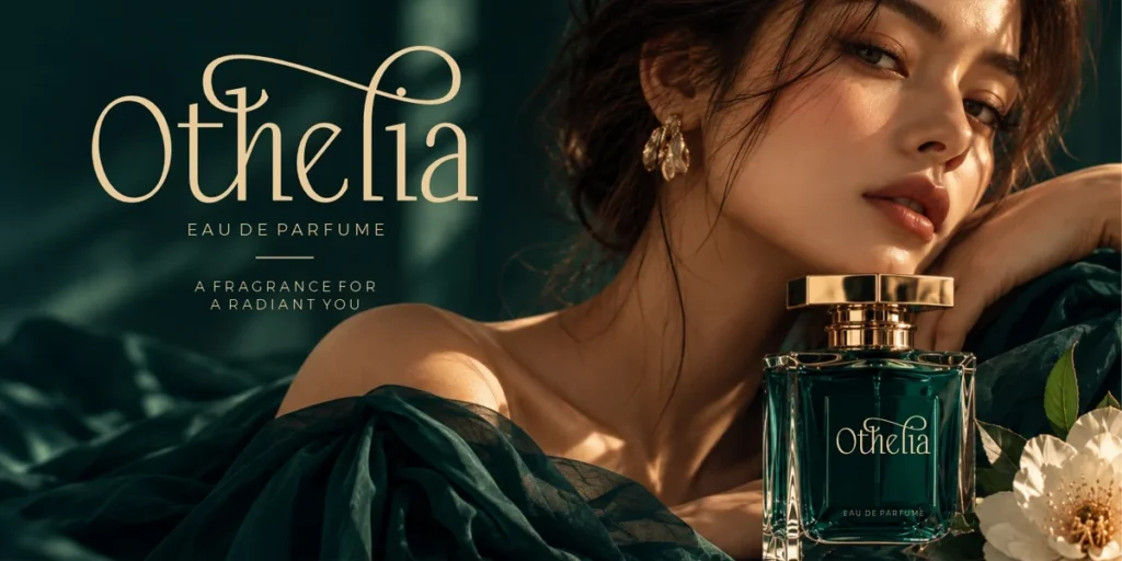 Elegant serif typography paired with refined minimalist lettering for a luxury perfume advertisement in dark teal and gold.
