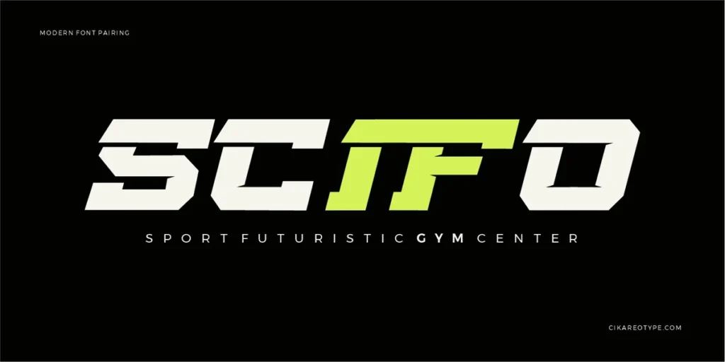 Futuristic italic display font paired with bold geometric sans serif typography in a black and neon green design.