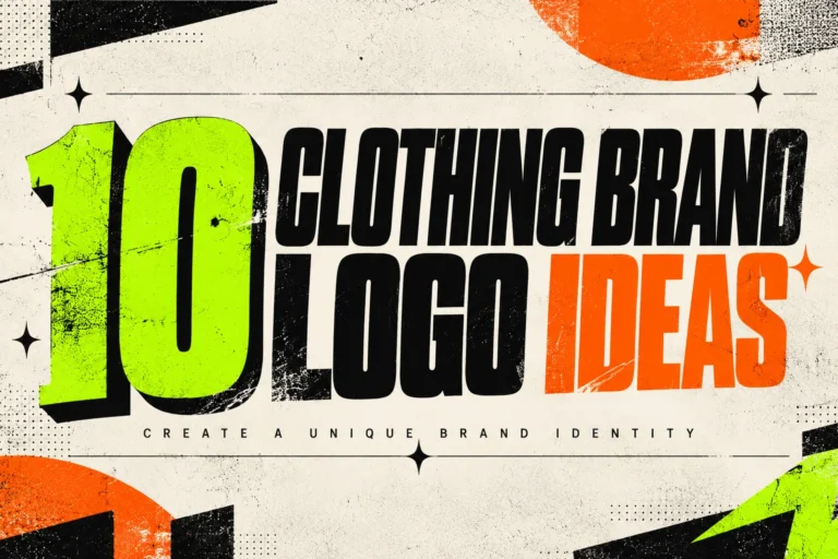 Collection of 10 clothing brand logo design ideas featuring minimalist symbols, custom monograms, vintage emblems, graffiti lettering, mascot illustrations, and futuristic 3D typography.