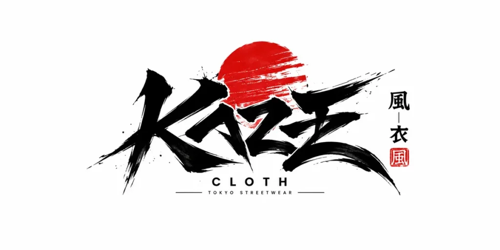 Japanese-inspired streetwear logo featuring bold editorial typography, geometric arrangements, vertical text elements, and black, white, and red accents.