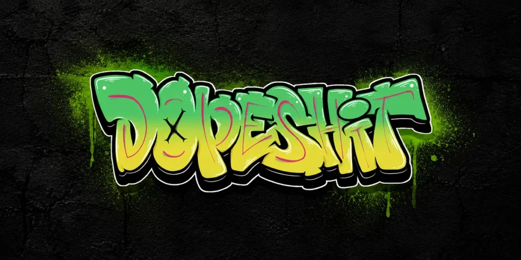 Bold graffiti streetwear logo featuring expressive wildstyle lettering, dynamic outlines, and neon green accents on a black background.