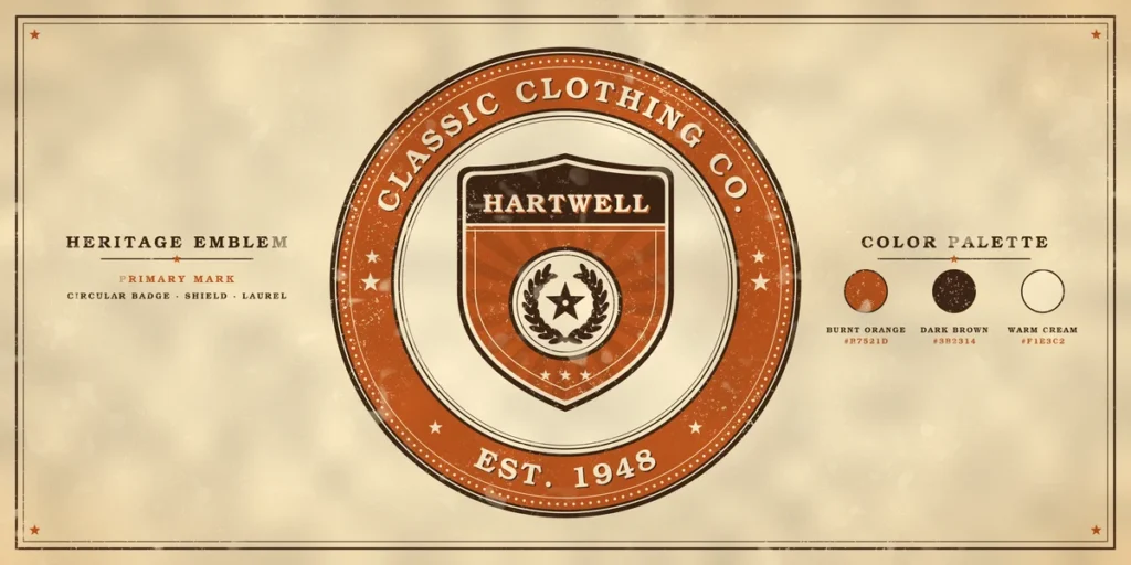 Vintage clothing brand emblem featuring a circular badge, decorative shield, retro serif typography, and classic burnt orange and cream colors.