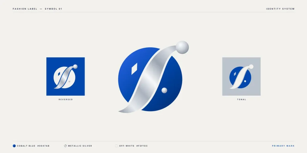 Modern abstract clothing brand logo featuring unique organic shapes, geometric forms, and a minimalist cobalt blue and silver visual identity.