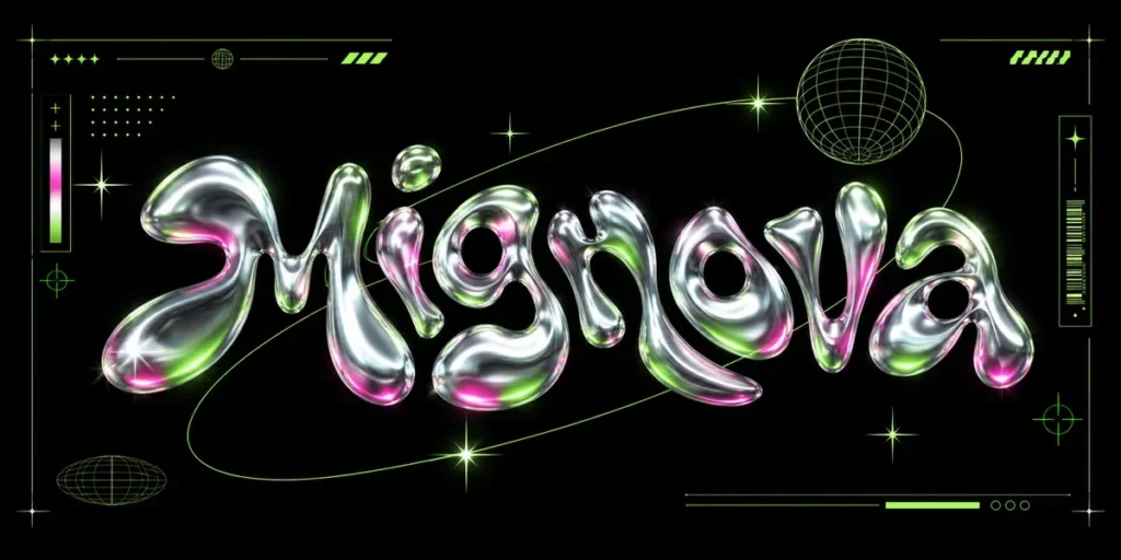 Futuristic 3D clothing brand logo featuring sculptural chrome typography, reflective metallic silver surfaces, dimensional lettering, and a deep black background.