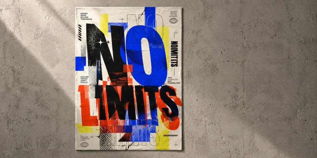 Layered typography poster featuring overlapping bold letterforms, outlined text, repeated lettering, and contrasting electric blue, orange, and pale yellow colors.