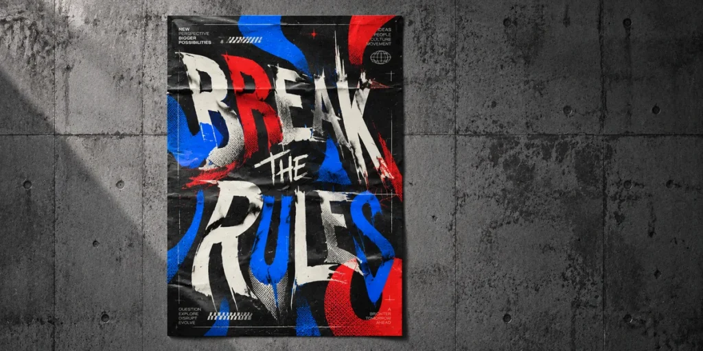 Experimental typography poster featuring warped, stretched, and fragmented letterforms with bold cobalt blue, vivid red, and black graphic elements.