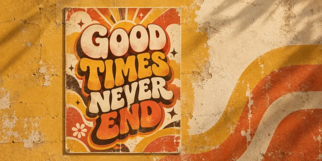 Retro vintage typography poster featuring chunky rounded lettering, layered orange shadows, mustard yellow accents, and distressed textures inspired by 1970s graphic design.