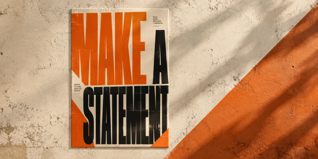 Oversized bold typography poster featuring massive condensed orange lettering, dramatic cropped headlines, and strong visual contrast on a textured cream background.