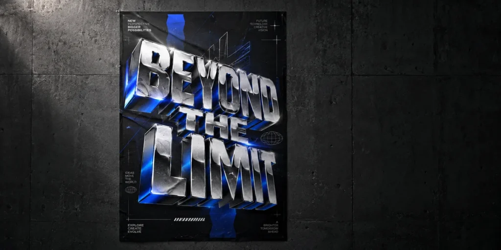 Futuristic 3D typography poster featuring dimensional chrome lettering, deep extrusion effects, dramatic shadows, and electric blue lighting on a dark background.