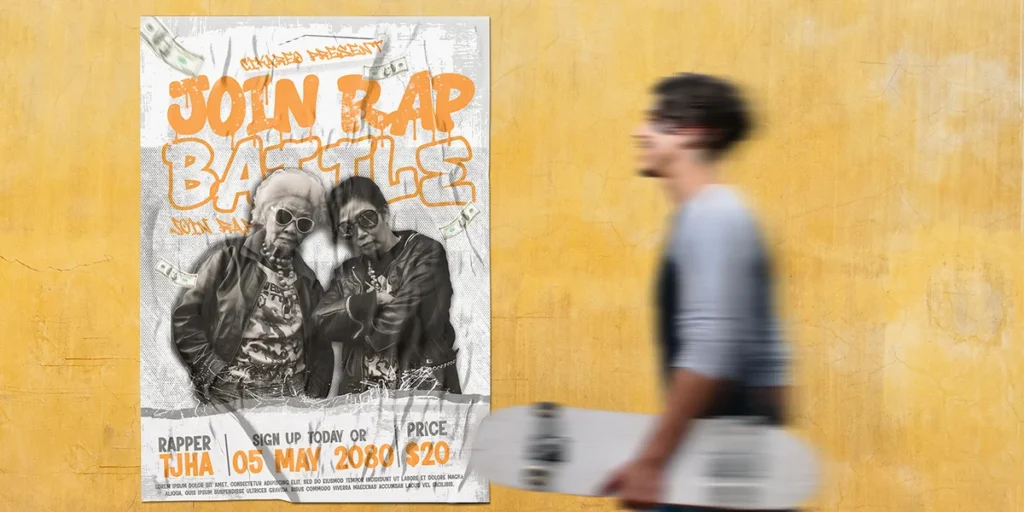 Expressive graffiti typography poster featuring dripping street art lettering, bold outlines, marker strokes, paint splashes, and vibrant orange, black, and yellow colors.