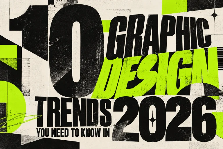 Graphic design trends in 2026 featuring experimental typography, bold geometric shapes, and contemporary editorial design in black, cream, and lime green.