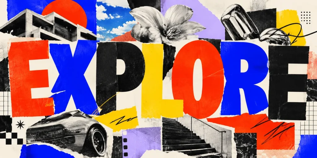 Experimental editorial collage with layered paper cutouts, oversized typography, and vibrant red, blue, and yellow accents