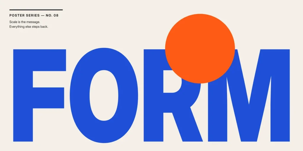 Bold minimalist poster with oversized typography, geometric shapes, and a high-contrast cobalt blue and orange palette