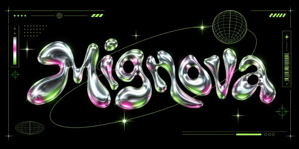 Retro-futuristic graphic design with chrome typography, pixel-inspired elements, and vibrant purple, blue, and magenta colors