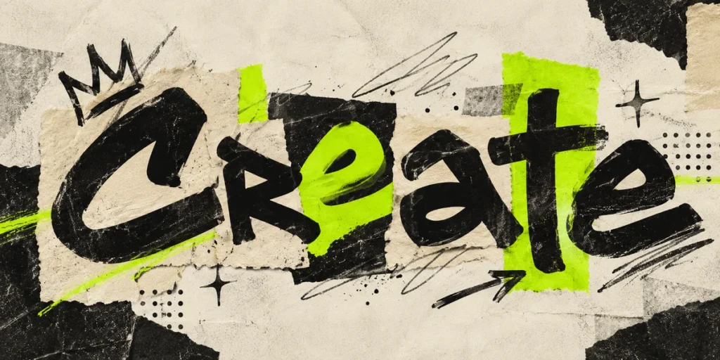 Handcrafted graphic design featuring hand-drawn marks, cut-paper shapes, imperfect lettering, and natural ink textures