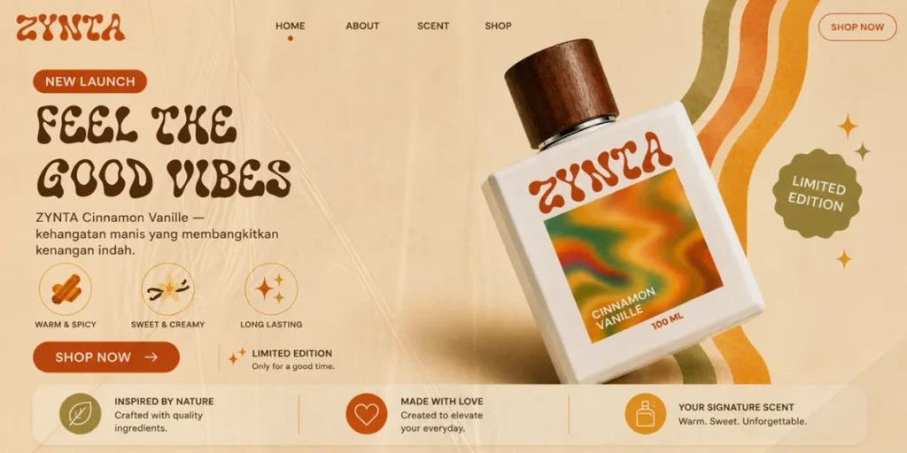 Retro-inspired graphic design featuring chunky typography and mustard yellow, burnt orange, teal, and lavender colors