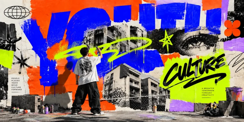 Streetwear graphic design featuring bold graffiti typography, distressed screen-print textures, and vibrant urban colors